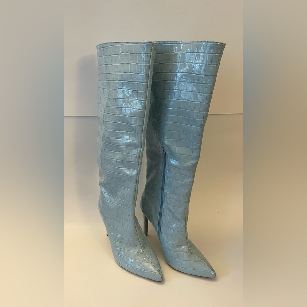 SHEIN Light Blue Croc-Embossed Over the Knee Boots